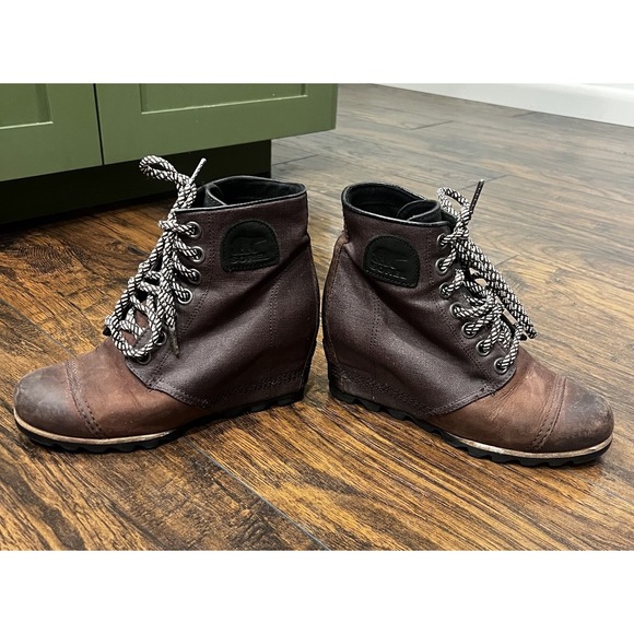 Sorel Shoes - Sorel PDX Wedge Brown Leather Canvas Ankle Boot, Women's Size 8